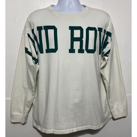 LAND ROVER Pacsun T Shirt Size M Long Sleeve Cream Green Spellout Casual Top - Picture 2 of 10